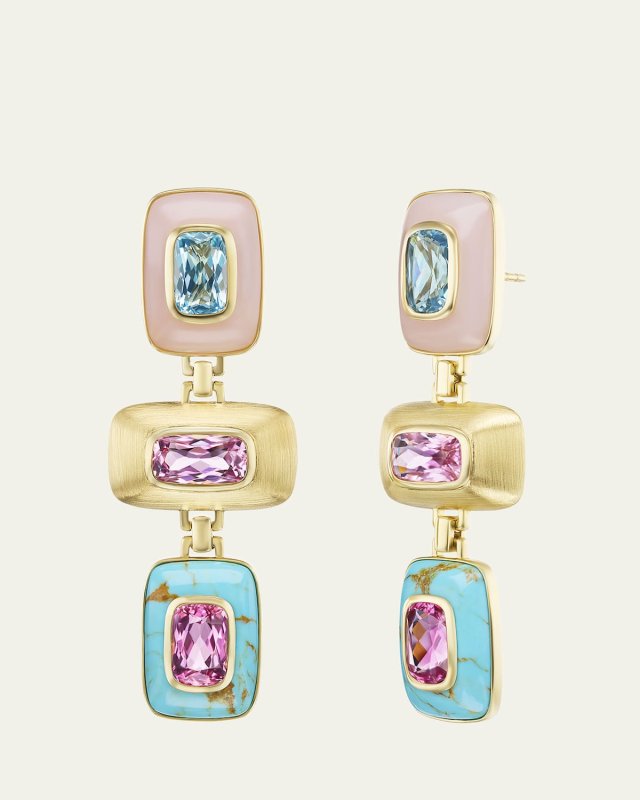 18K Yellow Gold Patchwork Earrings with Aquamarine, Tourmaline and Turquoise